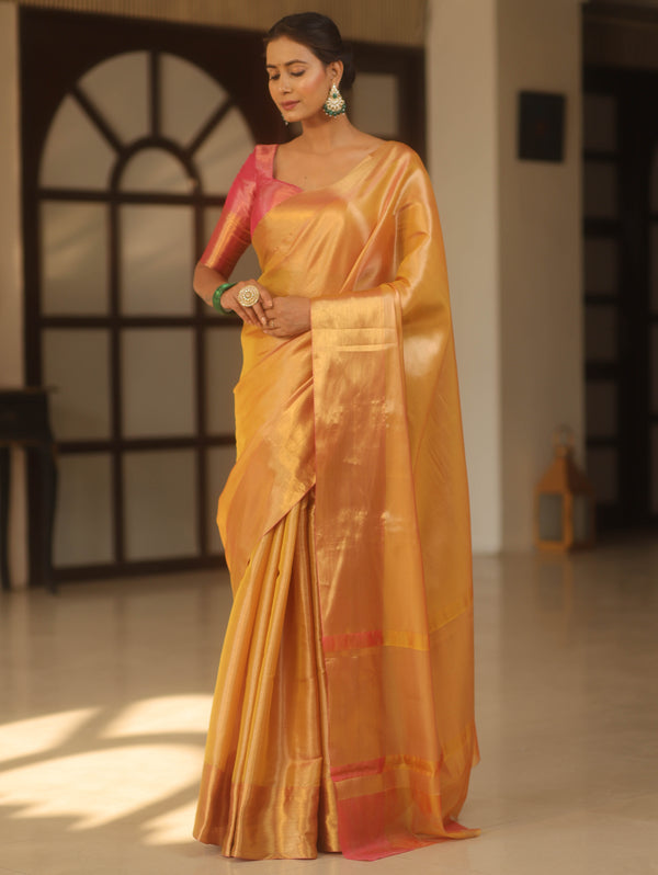 Banarasee Handwoven Tissue Zari Saree-Yellow & Pink