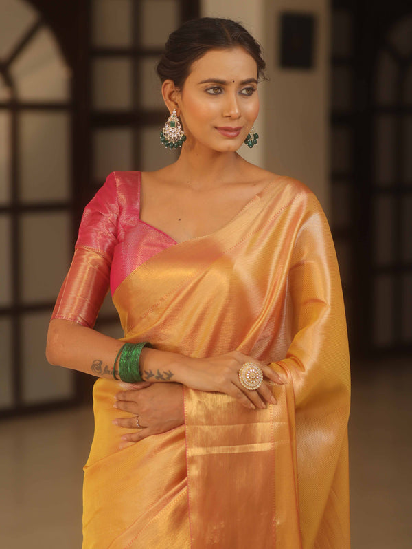 Banarasee Handwoven Tissue Zari Saree-Yellow & Pink