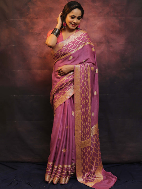 Banarasee Handwoven Pure Chiffon Sari With Zari Work-Onion Pink