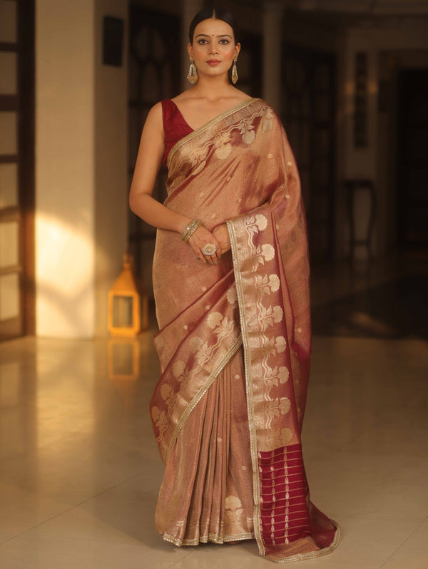 Banarasee Handwoven Soft Tissue Saree With Zari Border & Lace-Maroon
