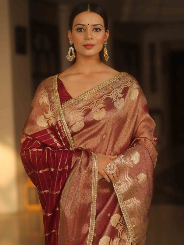 Banarasee Handwoven Soft Tissue Saree With Zari Border & Lace-Maroon