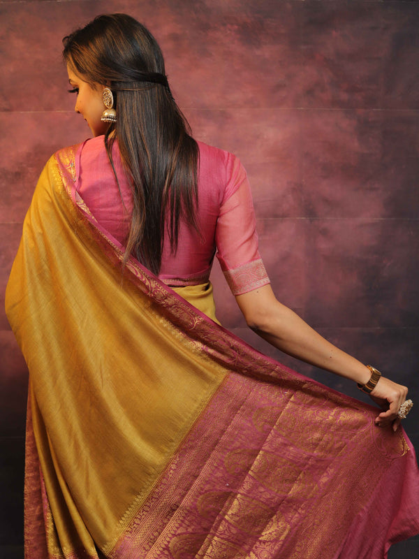 Banarasee Handwoven Pure Muga Silk Saree With Floral Border & Pallu-Olive Green & Pink