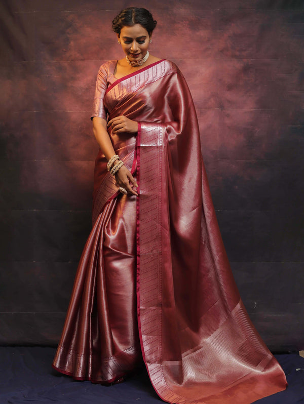 Banarasee Handwoven Tissue Silver Zari Saree-Wine