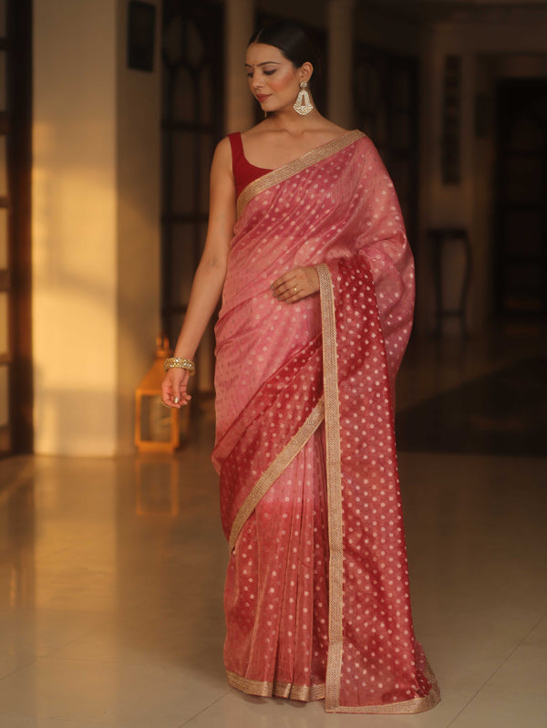 Banarasee Handwoven Tissue Dual Color Saree With Zari Buta & Lace-Pink & Maroon
