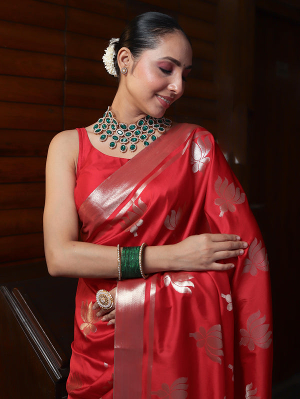 Banarasee Handwoven Semi Silk Saree With Zari Buta Design-Red