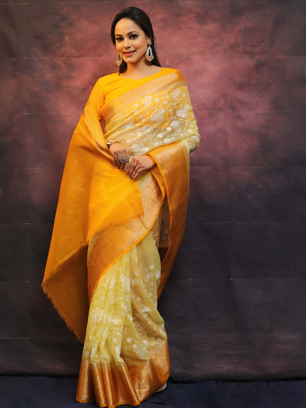 Banarasee Handwoven Organza Floral Embroidery Saree-Yellow