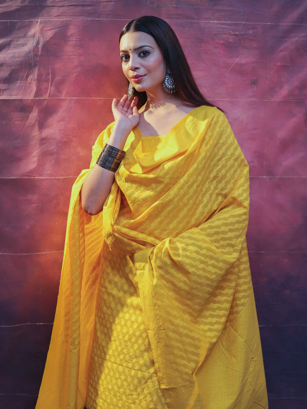 Banarasee Handloom Pure Cotton Silk Salwar Kameez Fabric With Dupatta-Yellow
