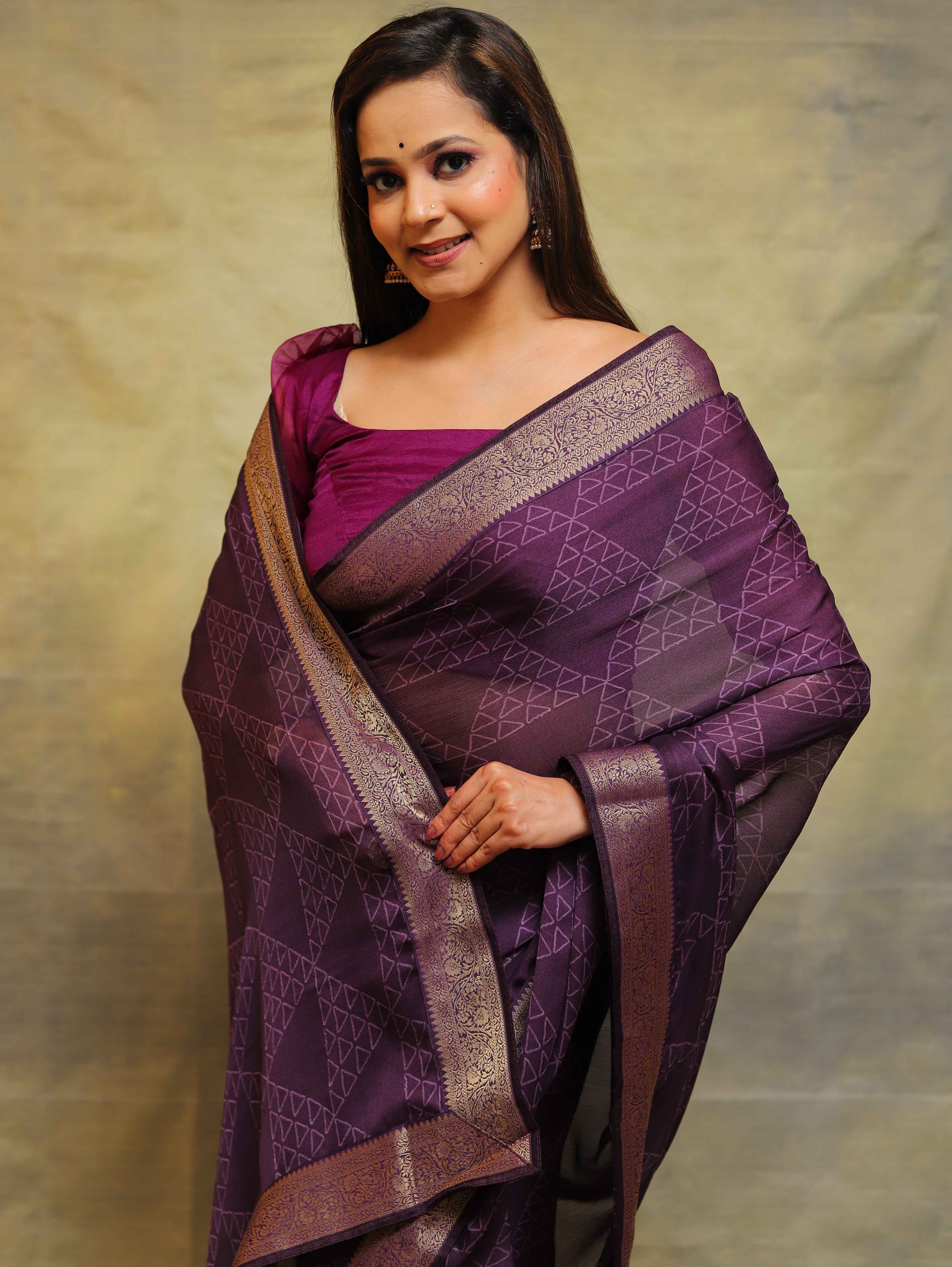 Banarasee Chiffon Blend Saree Chunri Print Zari Border & Silk Blouse-Violet