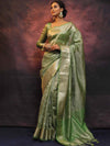Banarasee Handwoven Silver Buta Crushed Tissue Zari Border Saree-Green