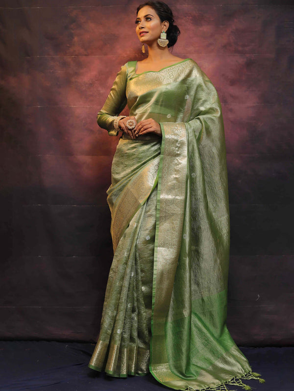 Banarasee Handwoven Silver Buta Crushed Tissue Zari Border Saree-Green