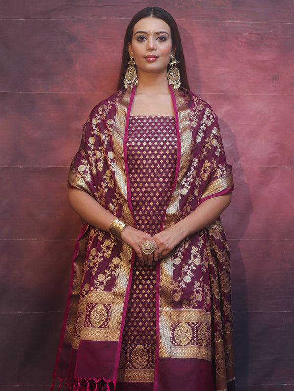Banarasee Zari Work Semi Katan Salwar Kameez Fabric With Dupatta-Wine