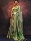 Banarasee Handwoven Silver Buta Crushed Tissue Zari Border Saree-Green