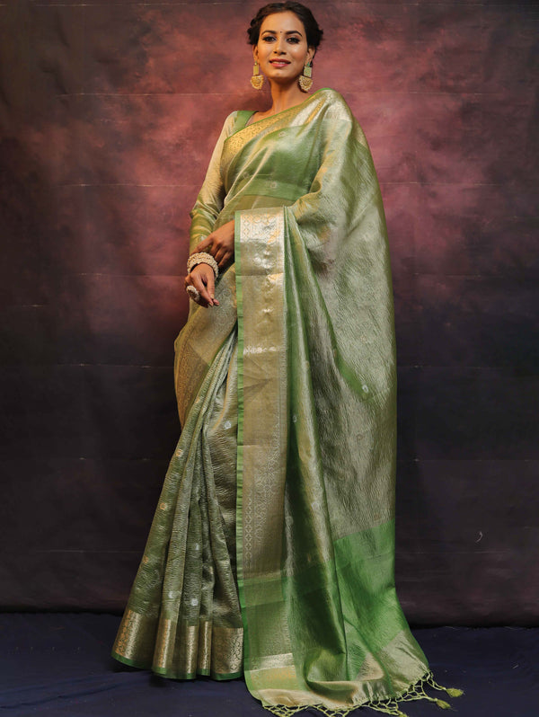 Banarasee Handwoven Silver Buta Crushed Tissue Zari Border Saree-Green