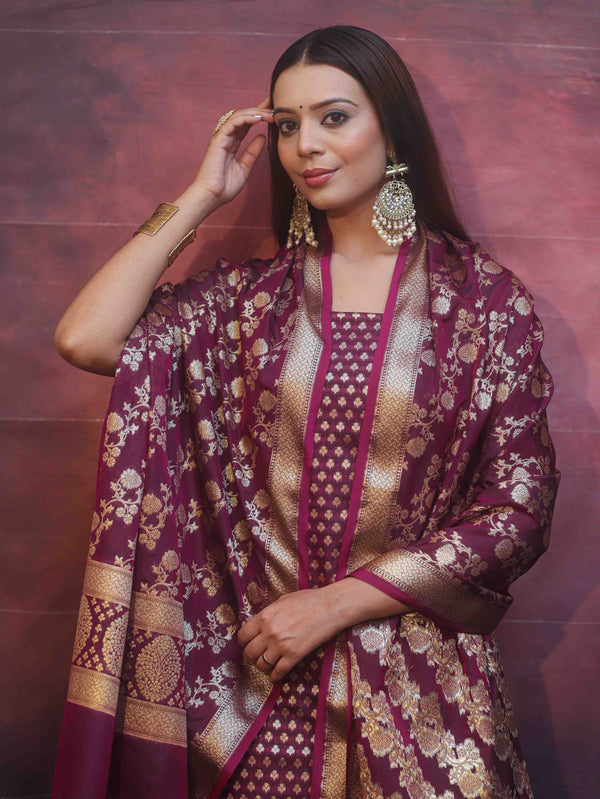 Banarasee Zari Work Semi Katan Salwar Kameez Fabric With Dupatta-Wine
