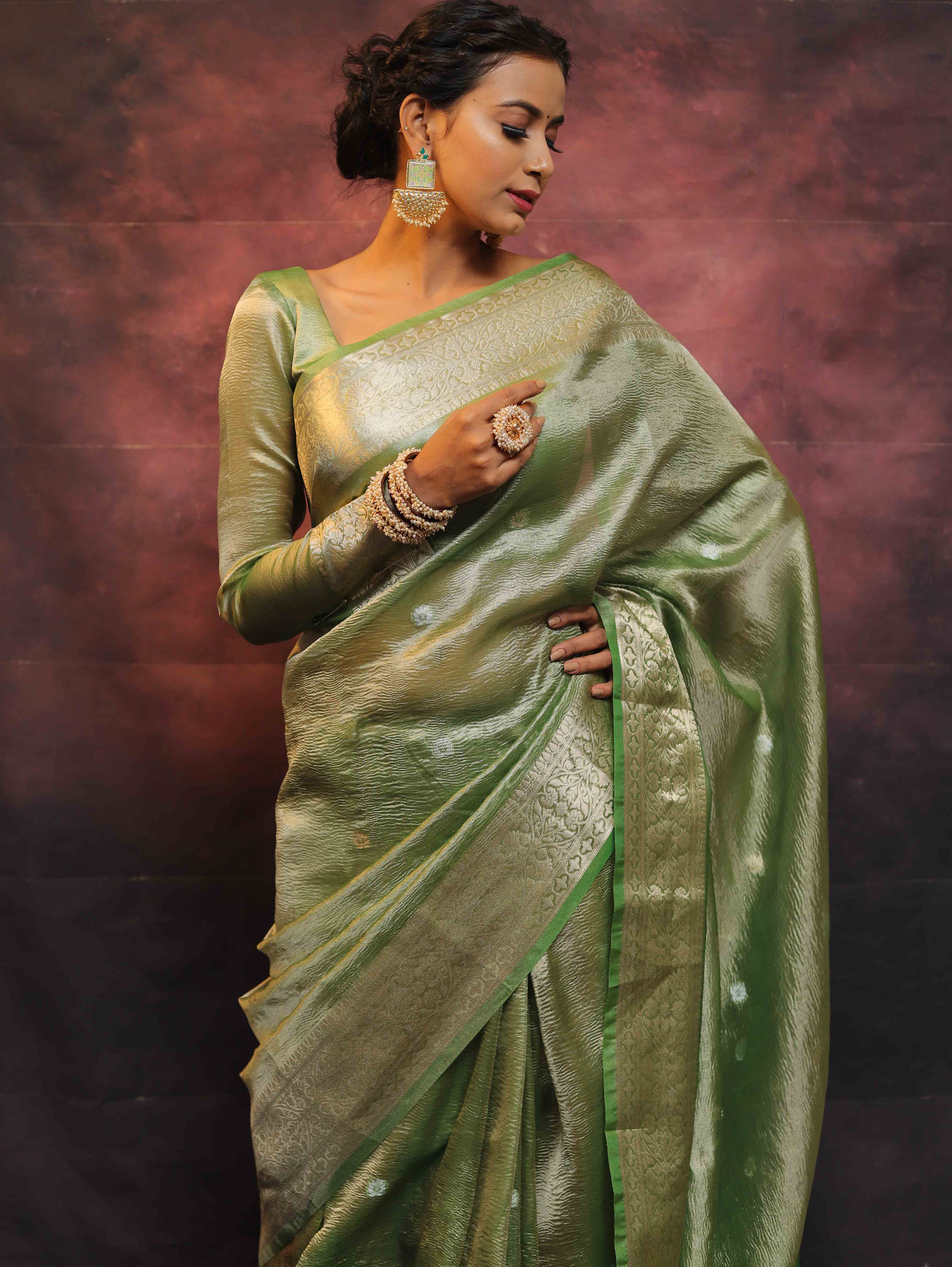 Banarasee Handwoven Silver Buta Crushed Tissue Zari Border Saree-Green