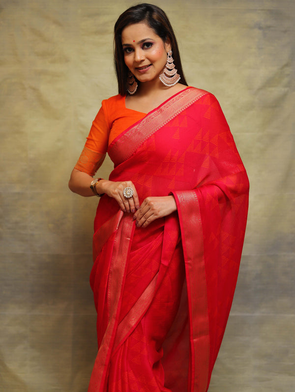 Banarasee Chiffon Blend Saree Chunri Print Zari Border & Silk Blouse-Pink