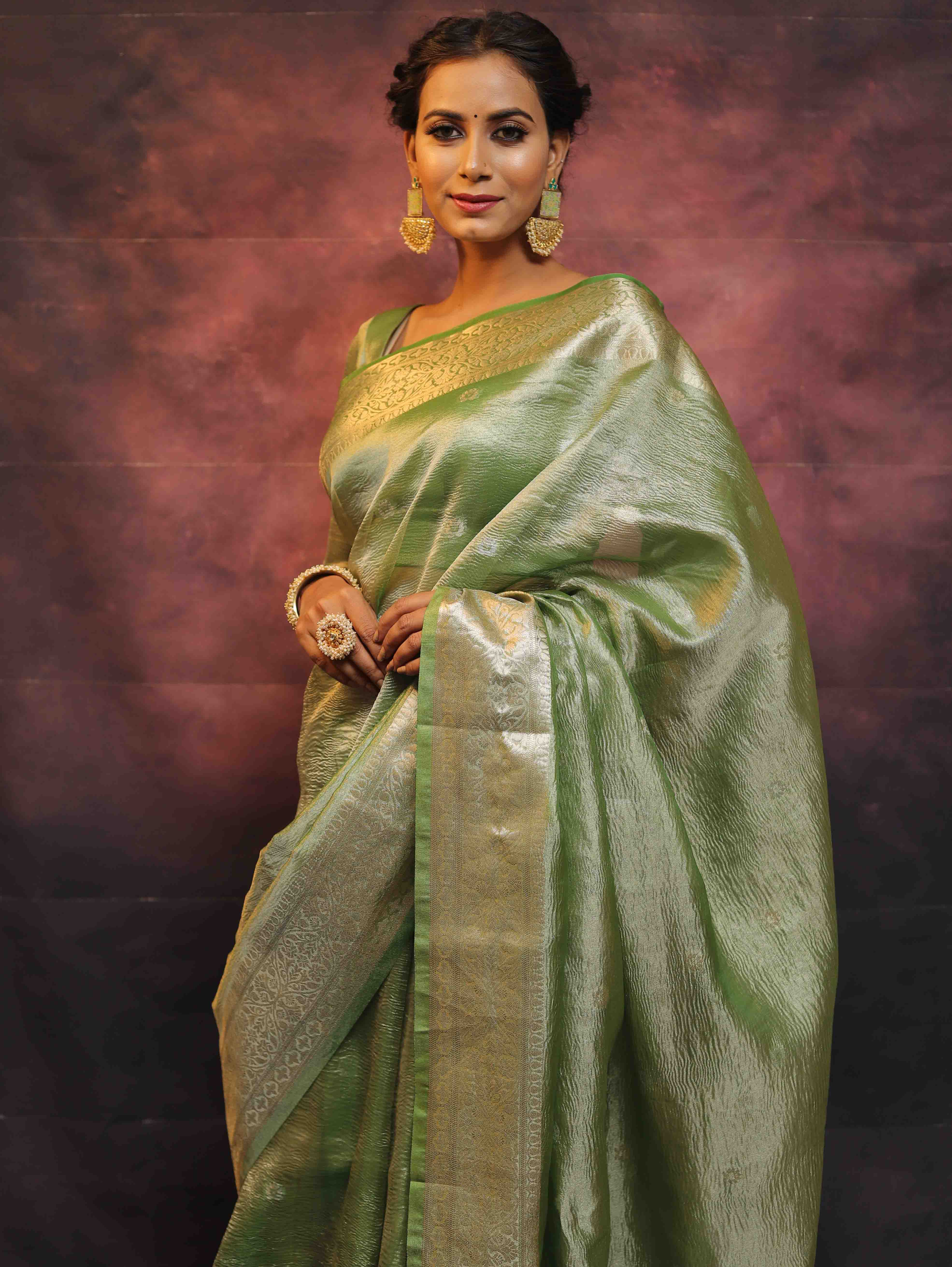 Banarasee Handwoven Silver Buta Crushed Tissue Zari Border Saree-Green