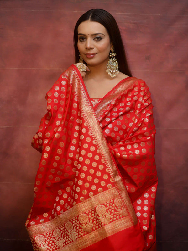 Banarasee Zari Work Semi Katan Salwar Kameez Fabric With Dupatta-Red
