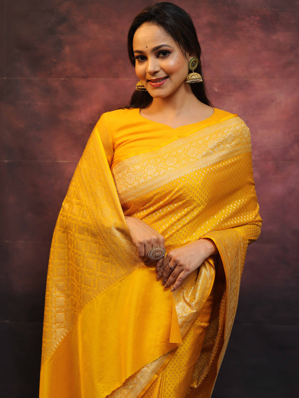 Banarasee Semi-Katan Zari Buta Saree-Yellow