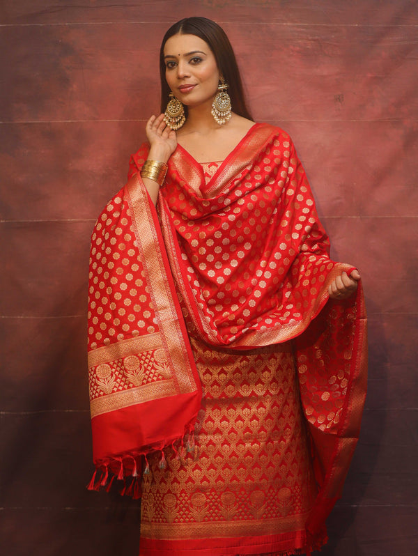 Banarasee Zari Work Semi Katan Salwar Kameez Fabric With Dupatta-Red