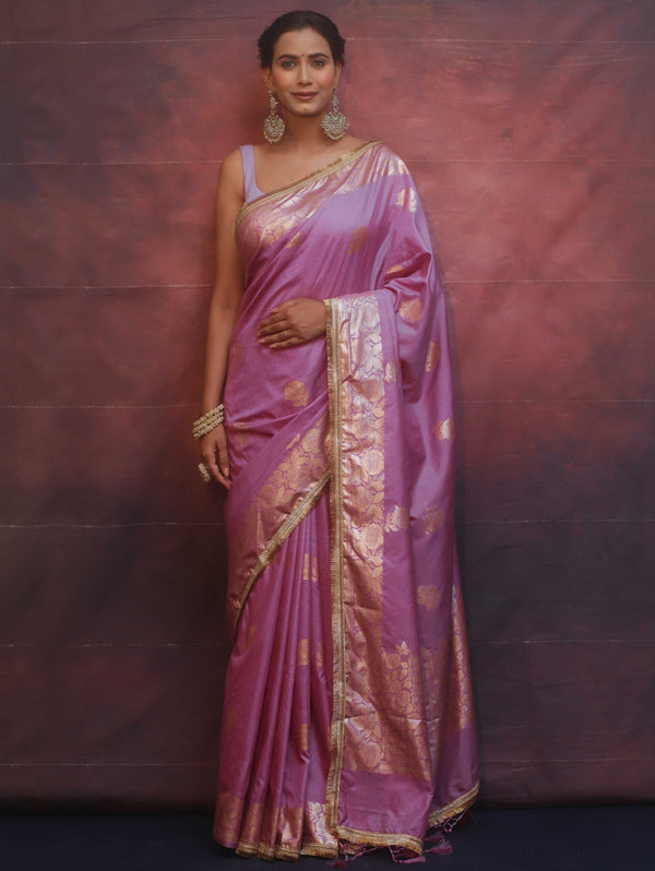 Banarasee Handwoven Semi Silk Saree With Zari Border & Lace-Lavender