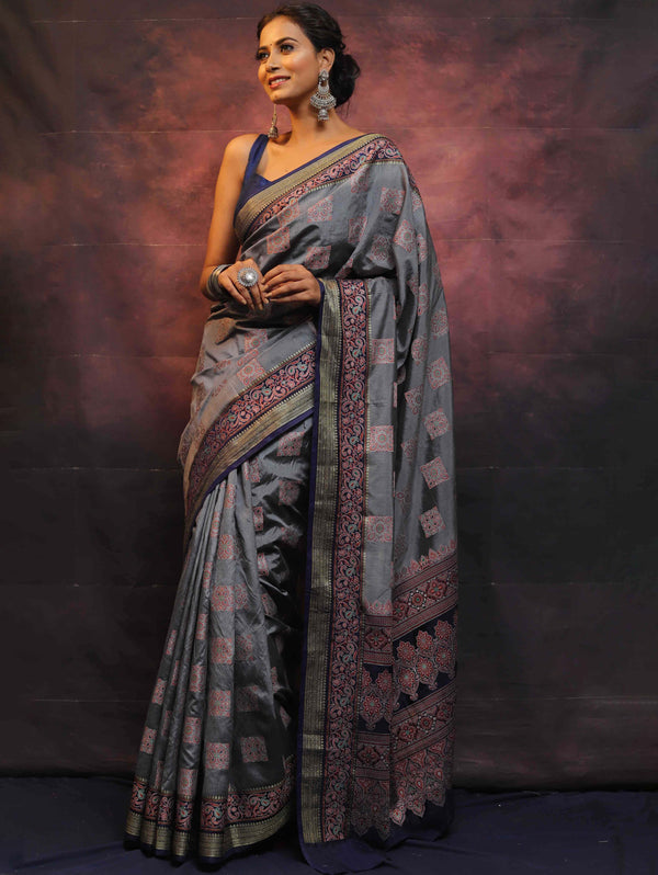Banarasee Semi Silk Meena Work Saree-Grey
