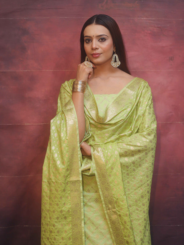 Banarasee Semi-Silk Zari Design Salwar Kameez Fabric With Dupatta Set-Lime Green