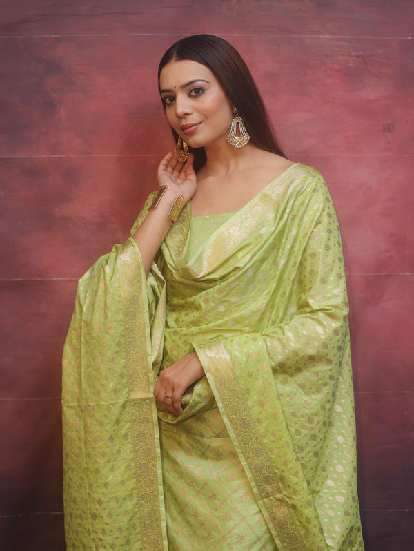 Banarasee Semi-Silk Zari Design Salwar Kameez Fabric With Dupatta Set-Lime Green