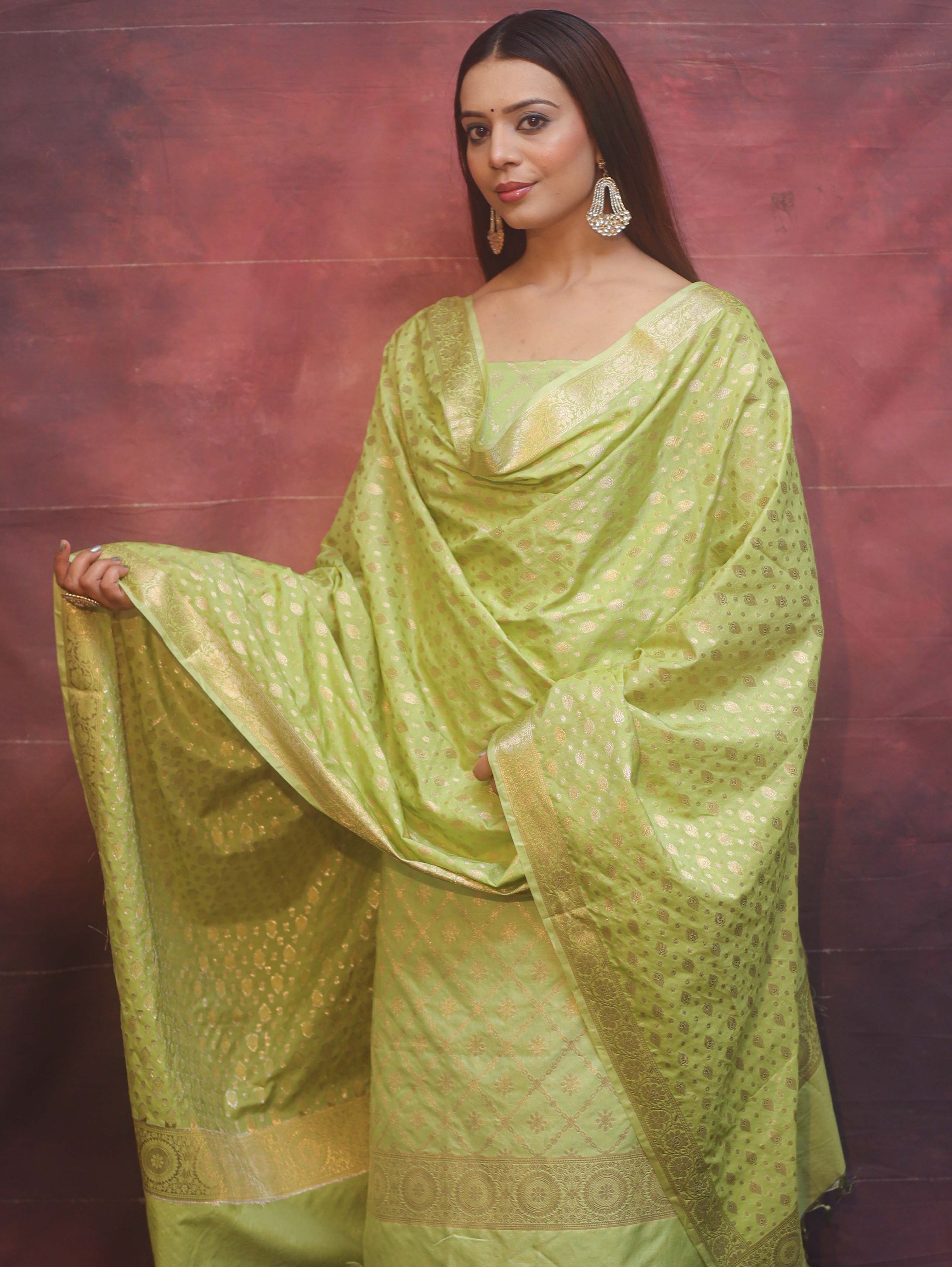 Banarasee Semi-Silk Zari Design Salwar Kameez Fabric With Dupatta Set-Lime Green