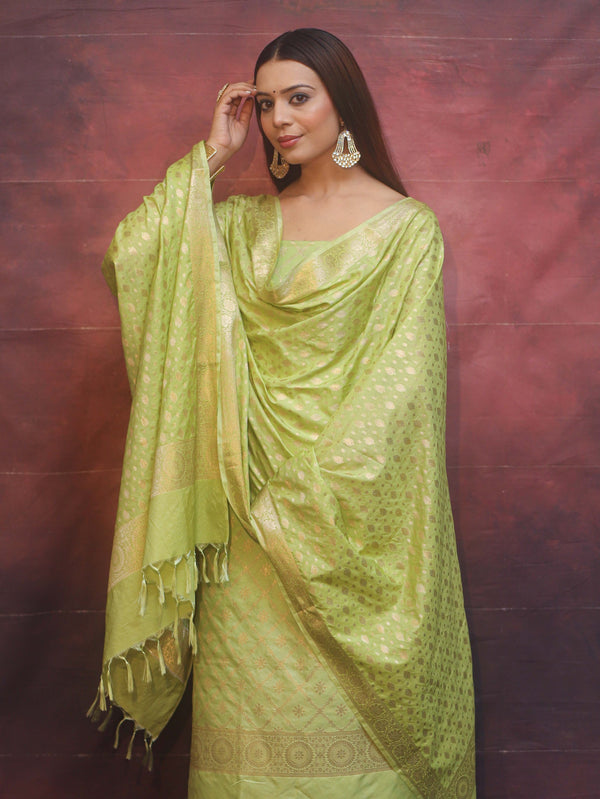 Banarasee Semi-Silk Zari Design Salwar Kameez Fabric With Dupatta Set-Lime Green