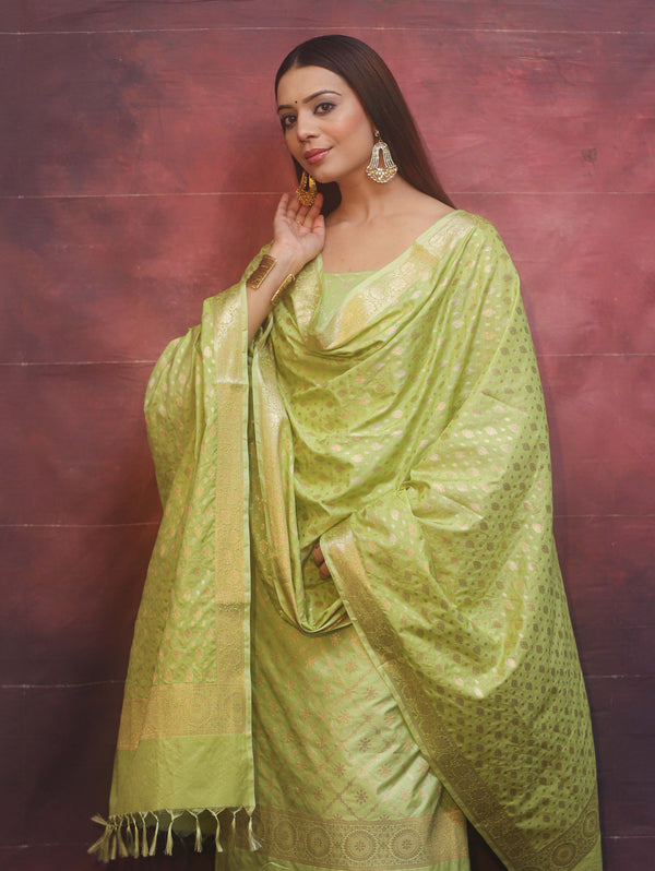 Banarasee Semi-Silk Zari Design Salwar Kameez Fabric With Dupatta Set-Lime Green