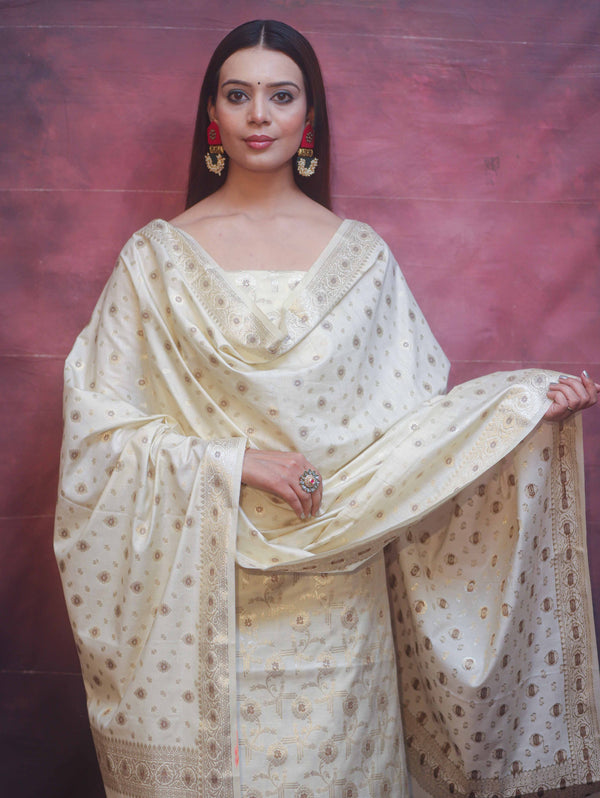 Banarasee Art Silk Resham Design Salwar Kameez With Dupatta Set-Ivory White