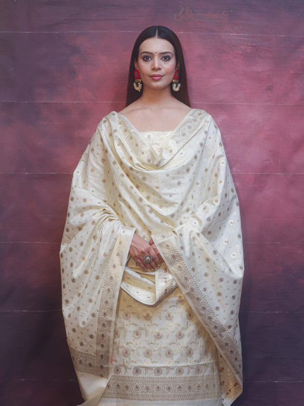 Banarasee Art Silk Resham Design Salwar Kameez With Dupatta Set-Ivory White