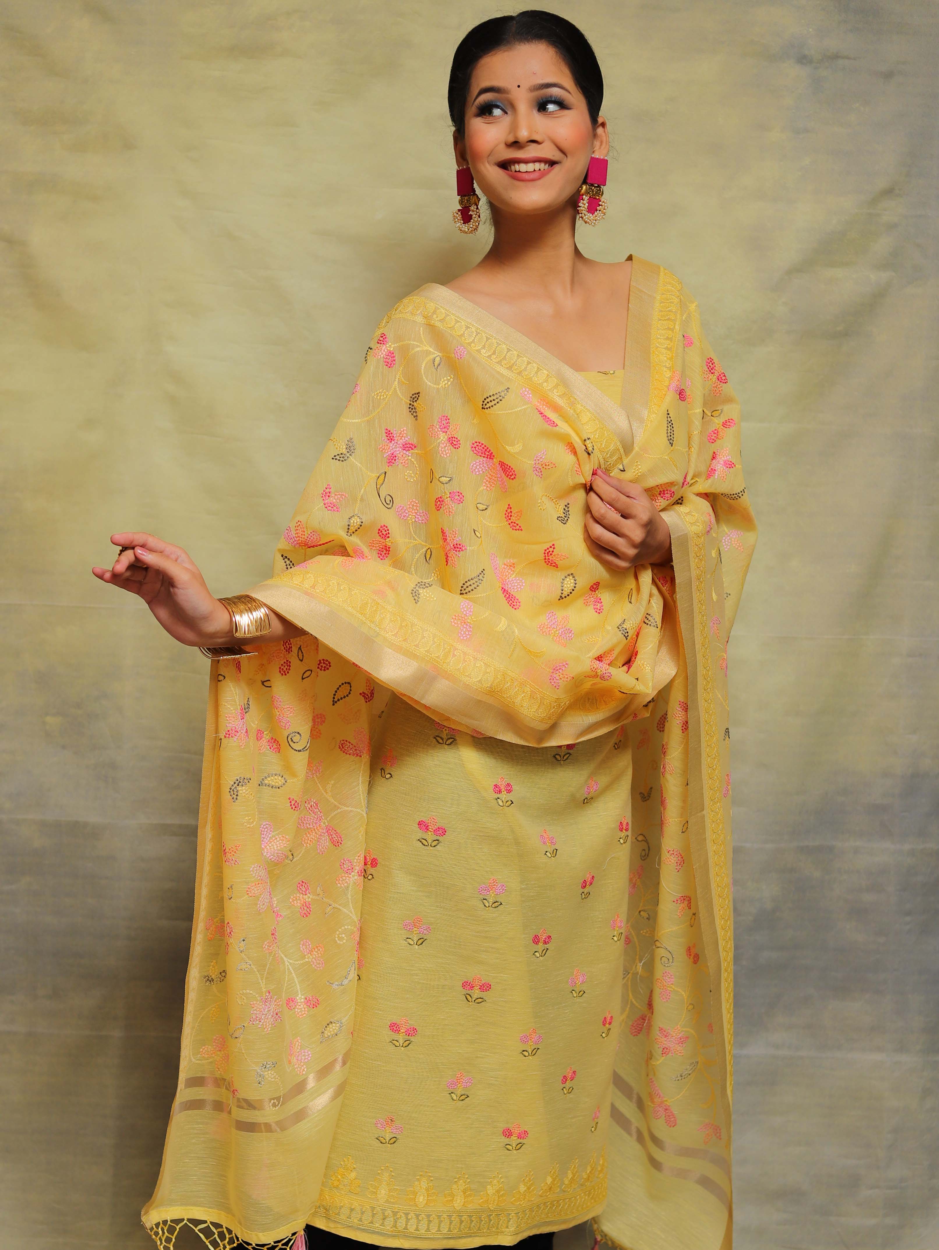 Banarasee Chanderi Cotton Salwar Kameez Fabric With Embroidery Work-Yellow