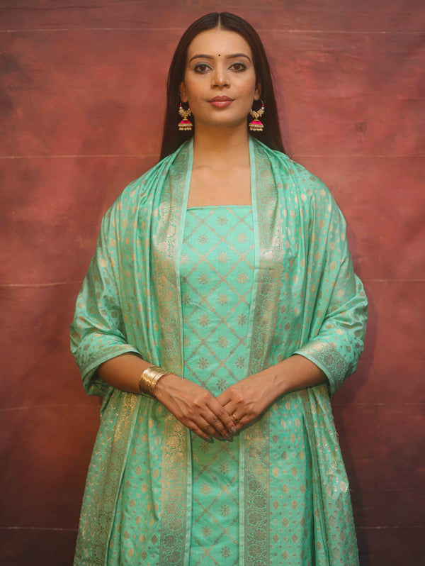 Banarasee Semi-Silk Zari Design Salwar Kameez Fabric With Dupatta Set-Sea Green