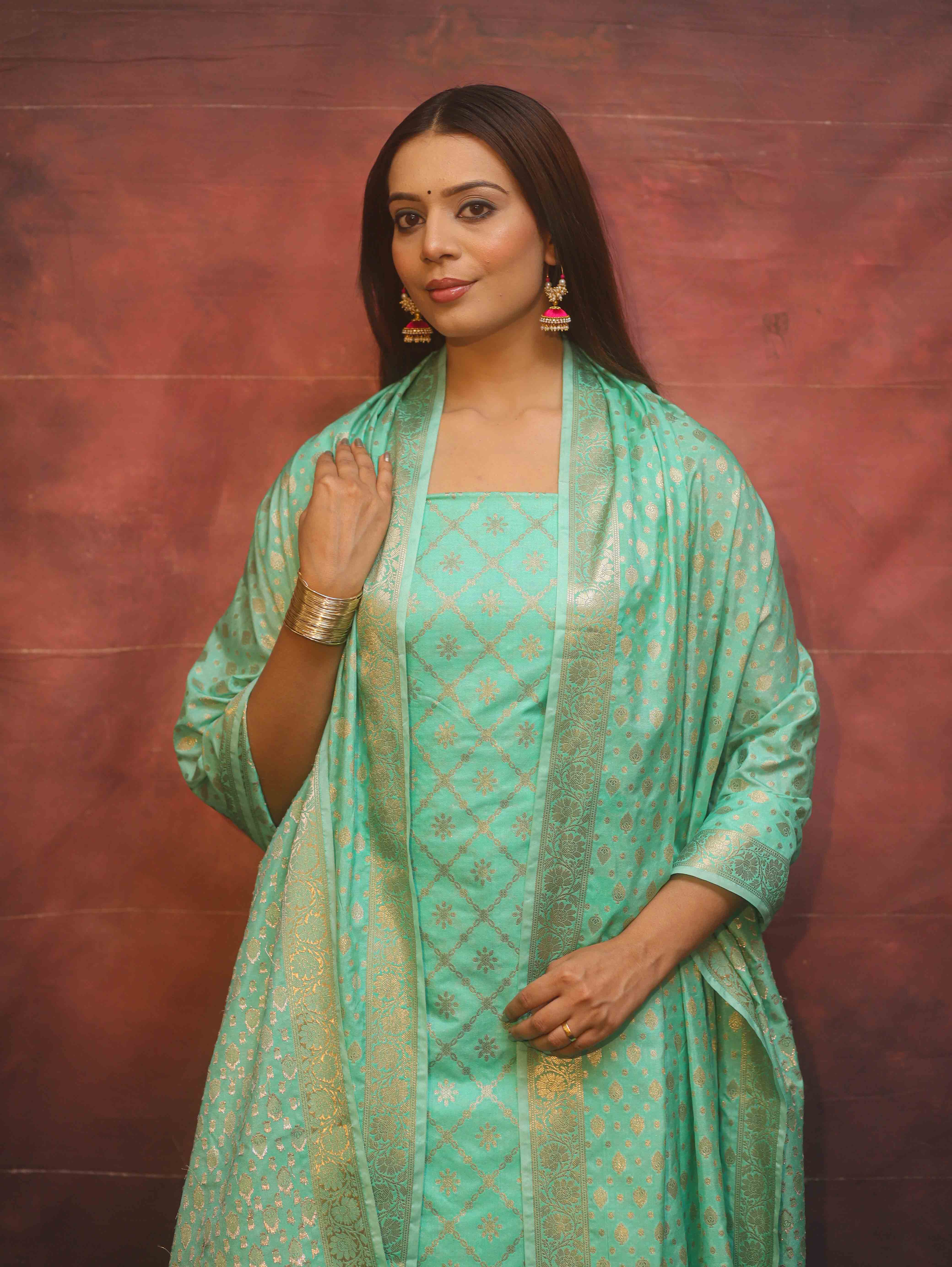 Banarasee Semi-Silk Zari Design Salwar Kameez Fabric With Dupatta Set-Sea Green