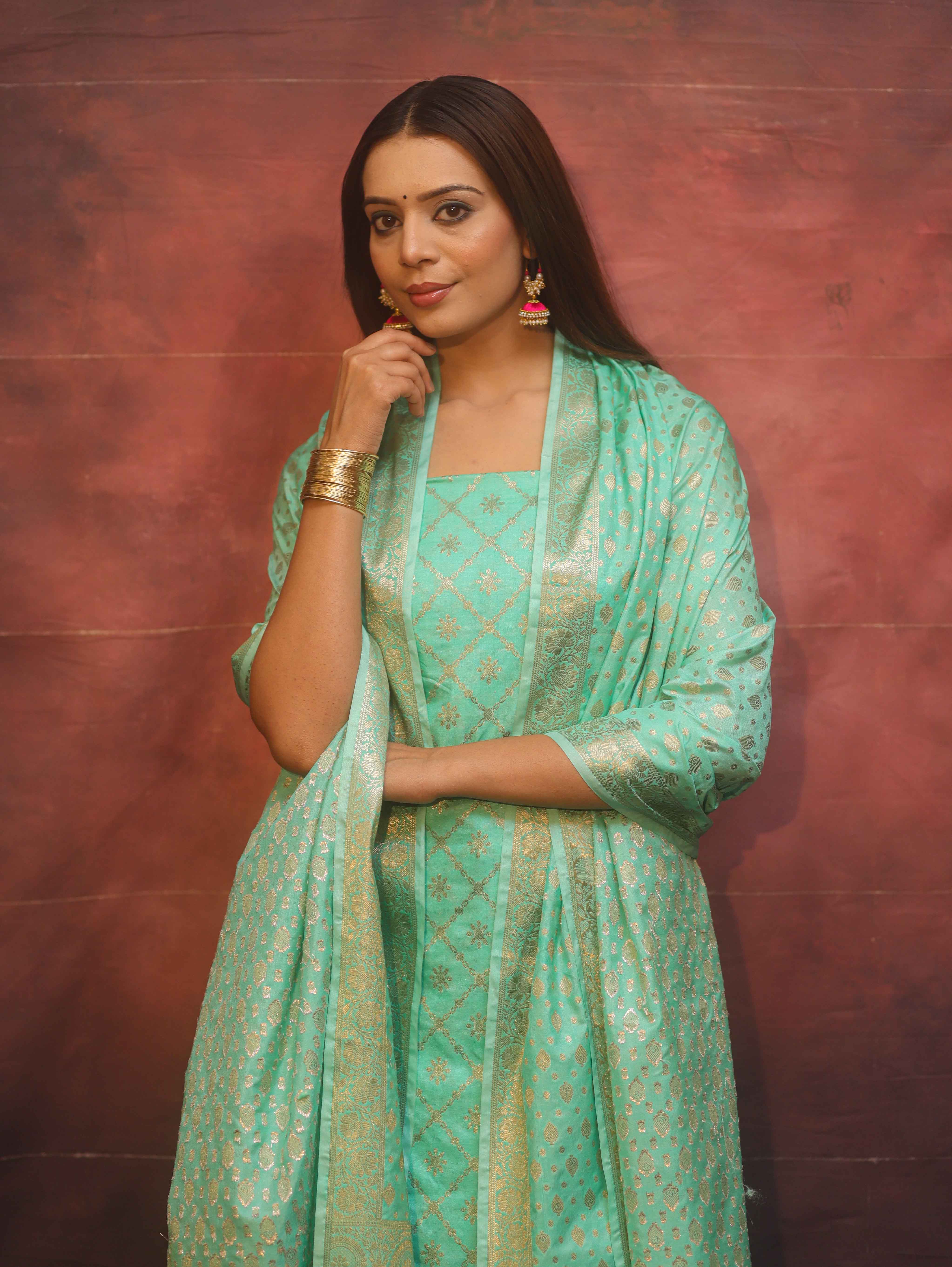 Banarasee Semi-Silk Zari Design Salwar Kameez Fabric With Dupatta Set-Sea Green