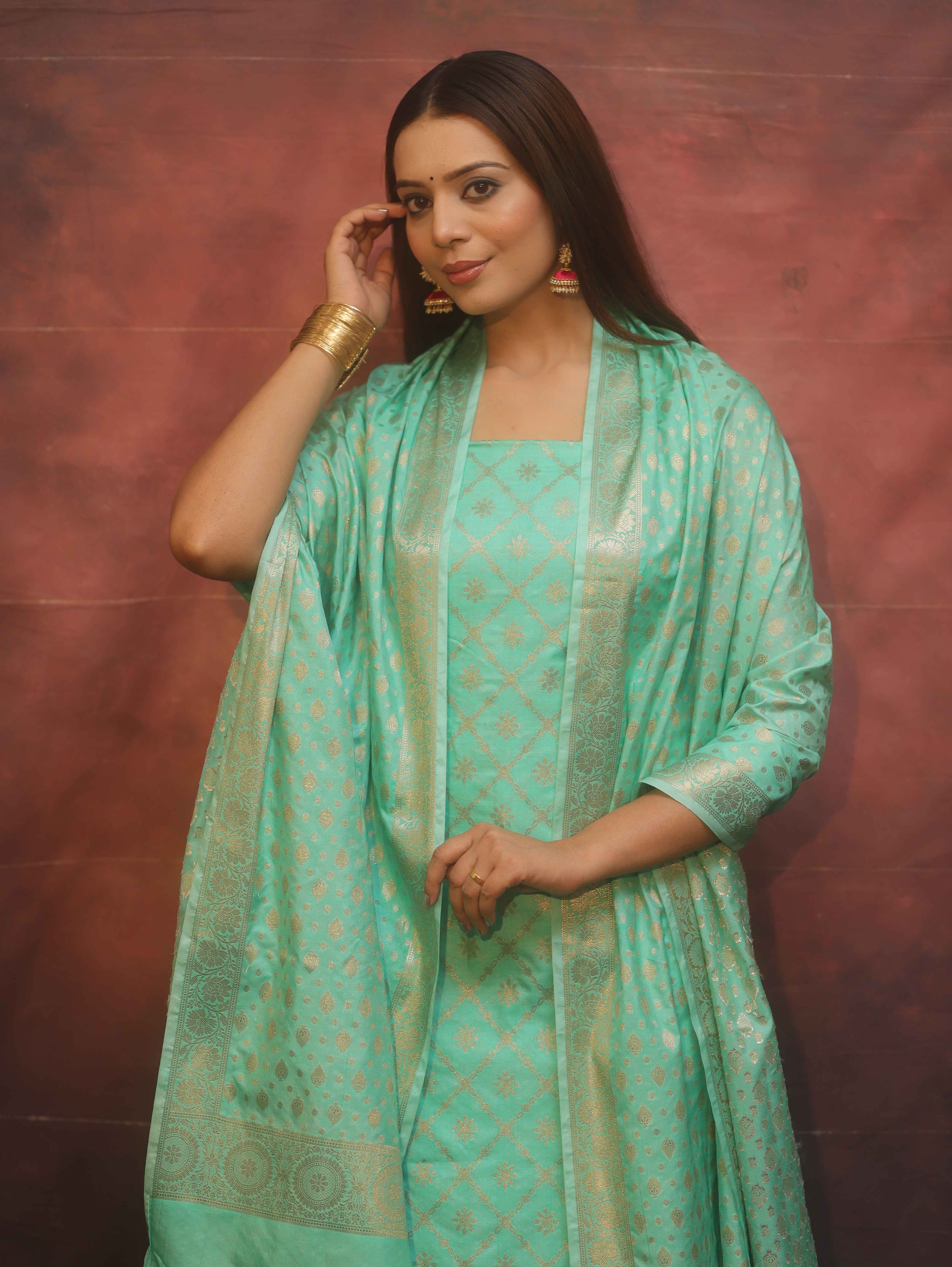 Banarasee Semi-Silk Zari Design Salwar Kameez Fabric With Dupatta Set-Sea Green
