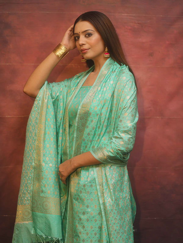 Banarasee Semi-Silk Zari Design Salwar Kameez Fabric With Dupatta Set-Sea Green