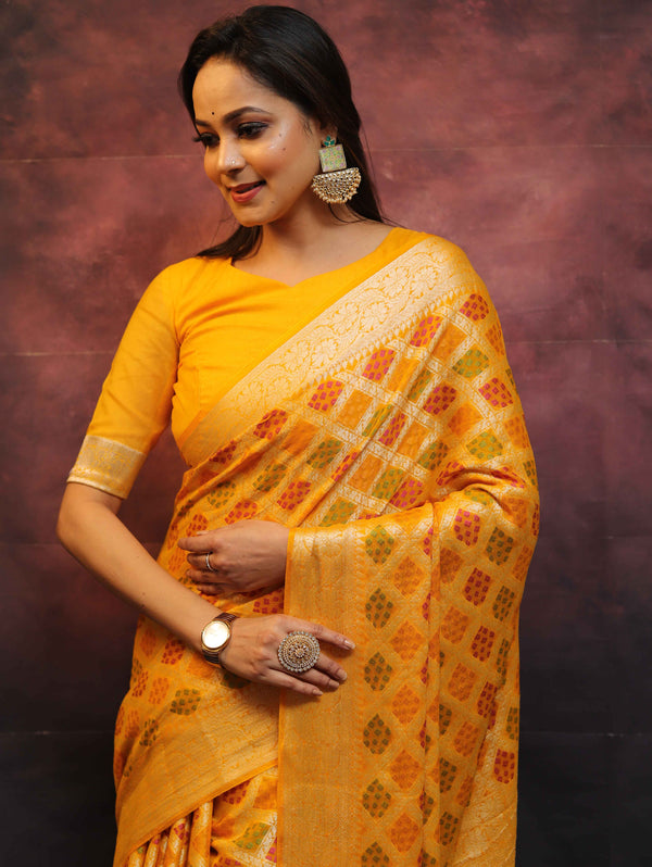 Banarasee Chiffon Zari Jaal & Resham Work Saree-Yellow