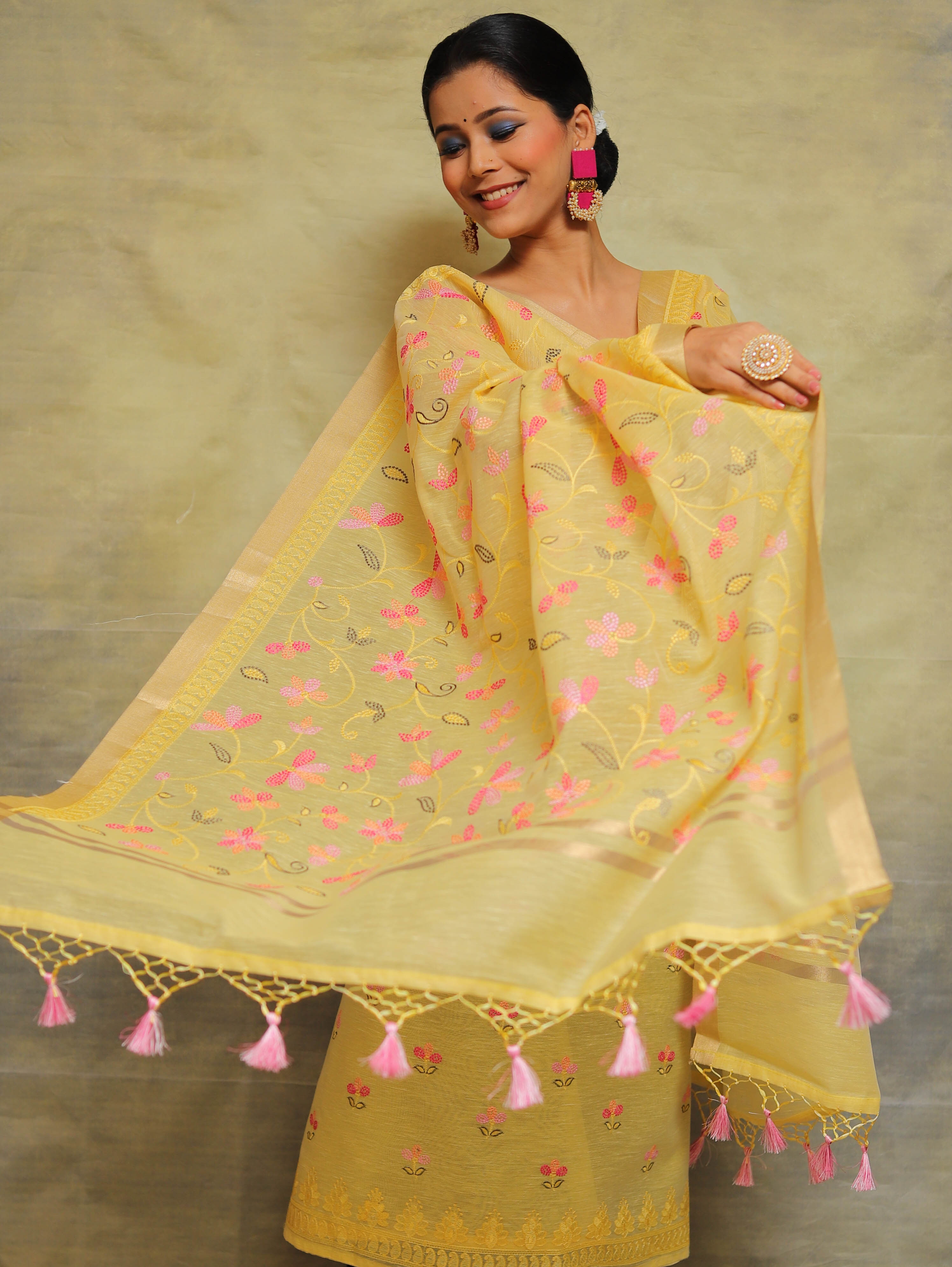 Banarasee Chanderi Cotton Salwar Kameez Fabric With Embroidery Work-Yellow