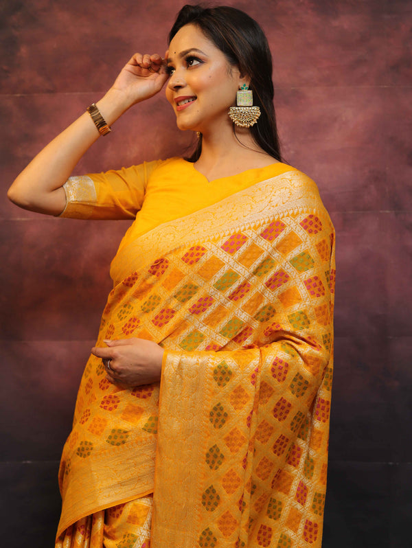 Banarasee Chiffon Zari Jaal & Resham Work Saree-Yellow