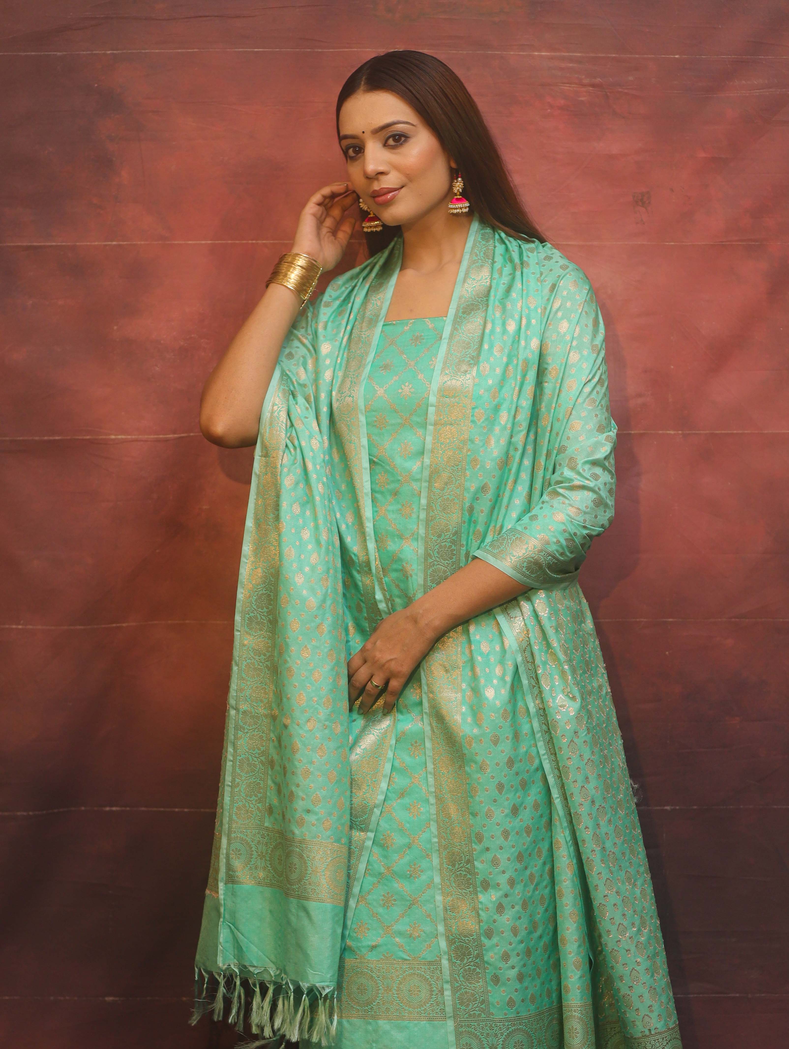 Banarasee Semi-Silk Zari Design Salwar Kameez Fabric With Dupatta Set-Sea Green