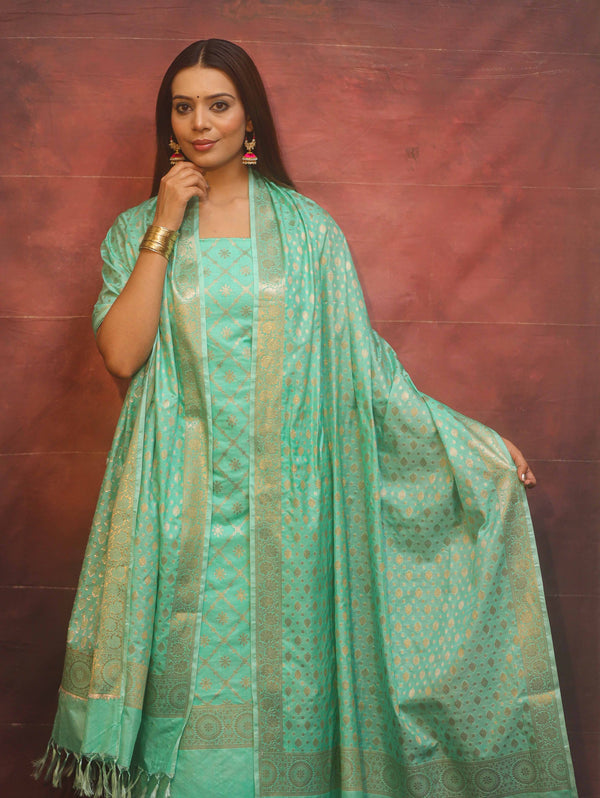 Banarasee Semi-Silk Zari Design Salwar Kameez Fabric With Dupatta Set-Sea Green