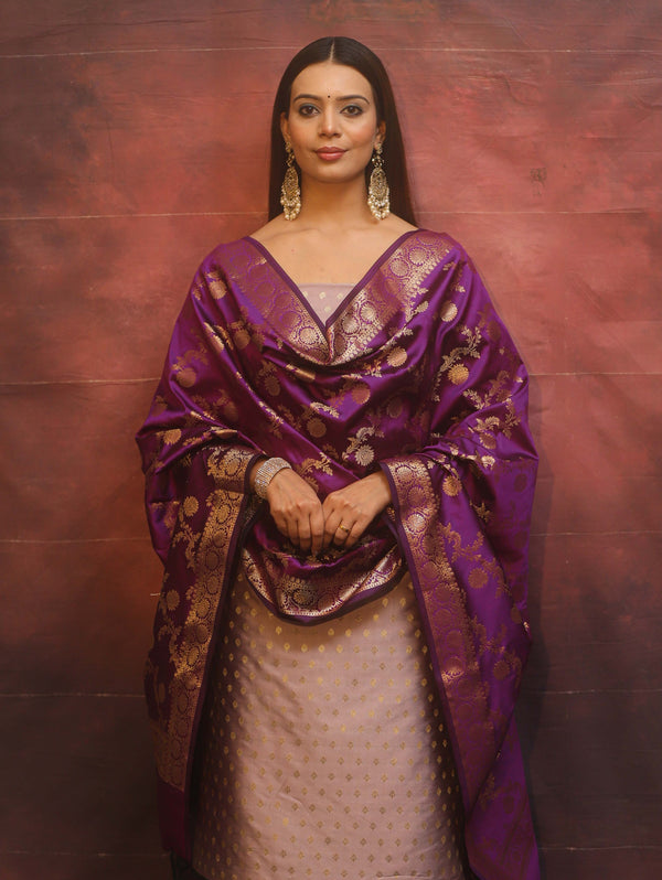 Banarasee Semi-Silk Salwar Kameez Fabric With Contrast Dupatta Set-Violet