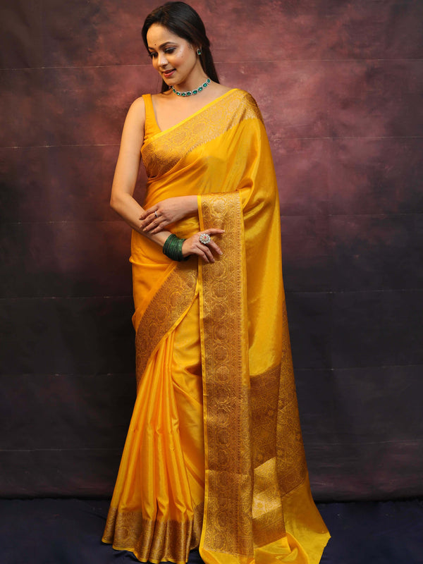 Banarasee Handwoven Semi Silk Plain Saree With Zari Border-Yellow