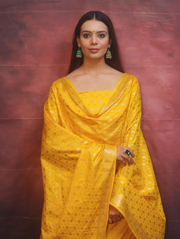 Banarasee Semi-Silk Zari Design Salwar Kameez Fabric With Dupatta Set-Yellow