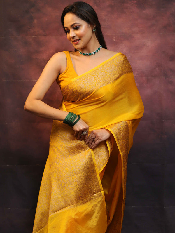 Banarasee Handwoven Semi Silk Plain Saree With Zari Border-Yellow