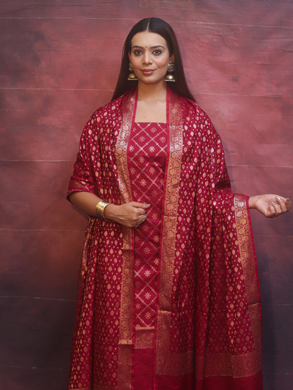 Banarasee Semi-Silk Zari Design Salwar Kameez Fabric With Dupatta Set-Maroon