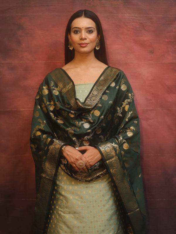 Banarasee Semi-Silk Salwar Kameez Fabric With Contrast Dupatta Set-Green
